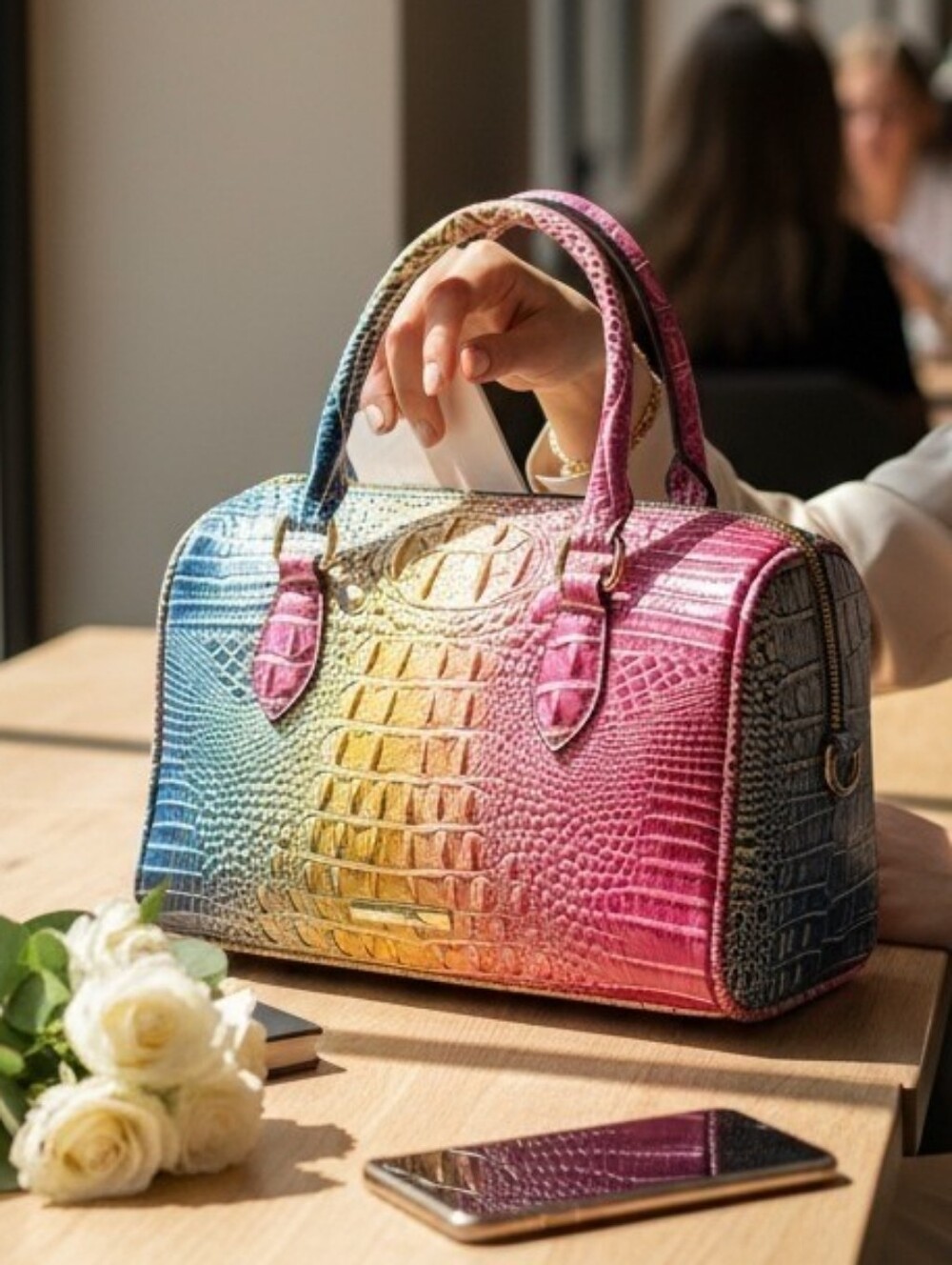 NWOT Rainbow Ombre Croc Embossed Large Satchel Handbag Multicolor Statement Bag